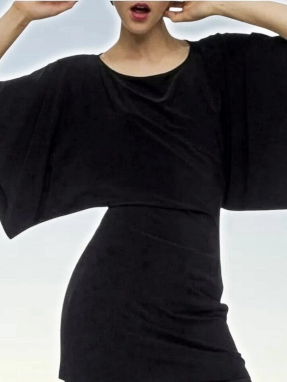 Norma Kamali Sz M Slinky Stretch Kimono Sleeve Micro Mini Tunic Dress Minimalist